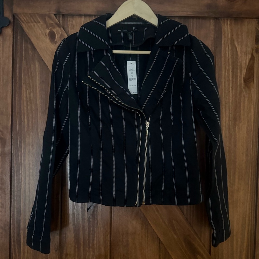 NWT White House Black Market Black and White Striped Moto Jacket 4